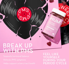 HUM SOS PMS Gummies cranberry visual suggests digestive comfort and cycle support potential.