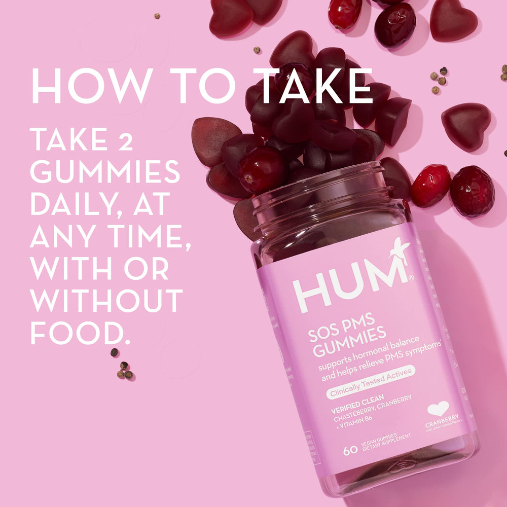 HUM SOS PMS Gummies gluten-free symbol communicates allergy-friendly option.