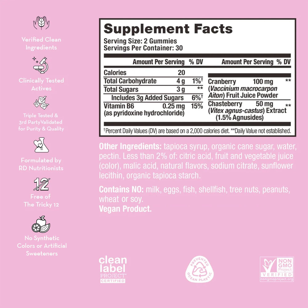 HUM SOS PMS Gummies label closeup reveals chasteberry and B6 for balance.