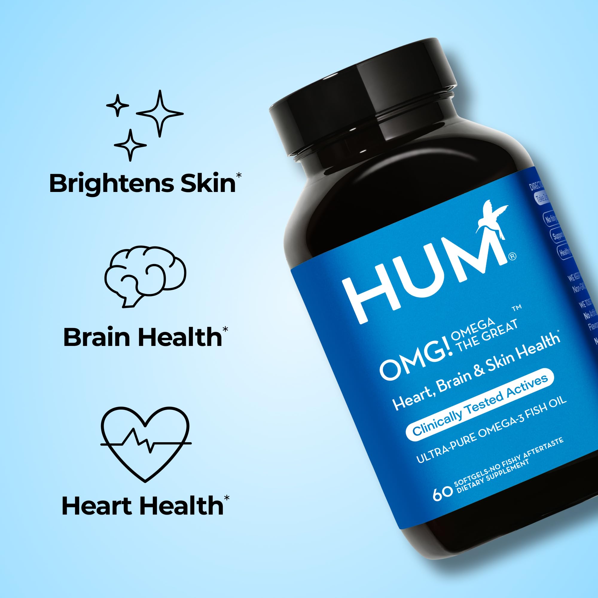 HUM OMG! Omega The Great softgels closeup showing easy-to-swallow capsules