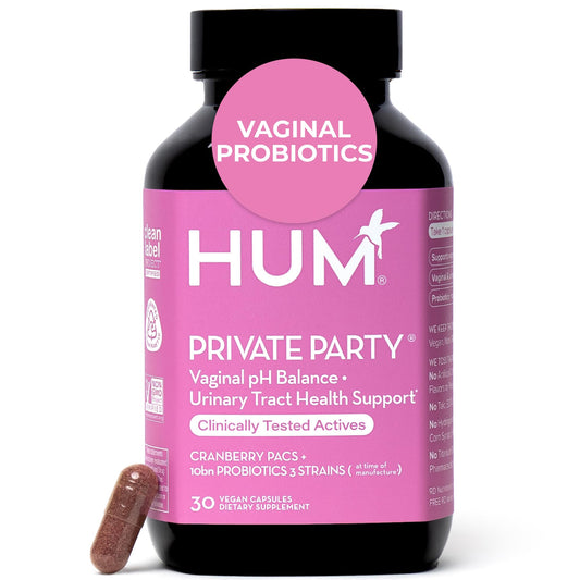 HUM Private Party bottle closeup highlighting the probiotic formula for vaginal balance.