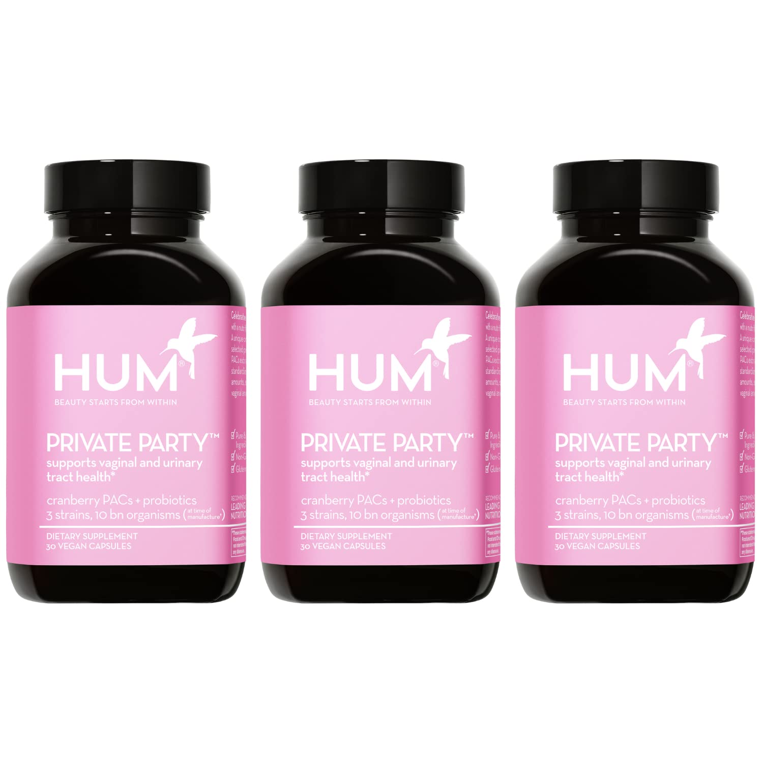 HUM Private Party bottle front promoting vaginal health and pH balance.