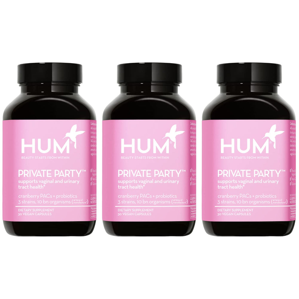 HUM Private Party bottle front promoting vaginal health and pH balance.