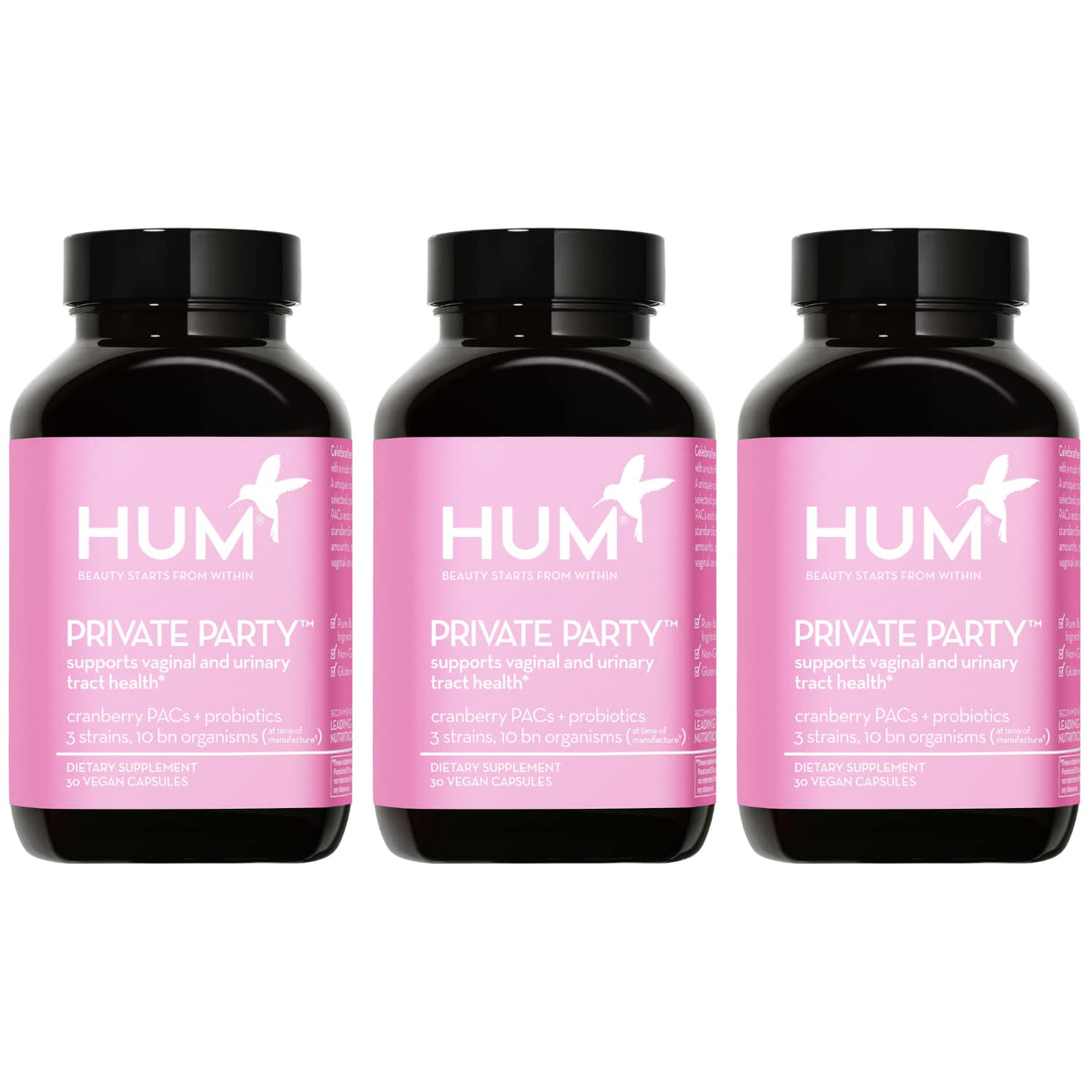 HUM Private Party bottle front promoting vaginal health and pH balance.