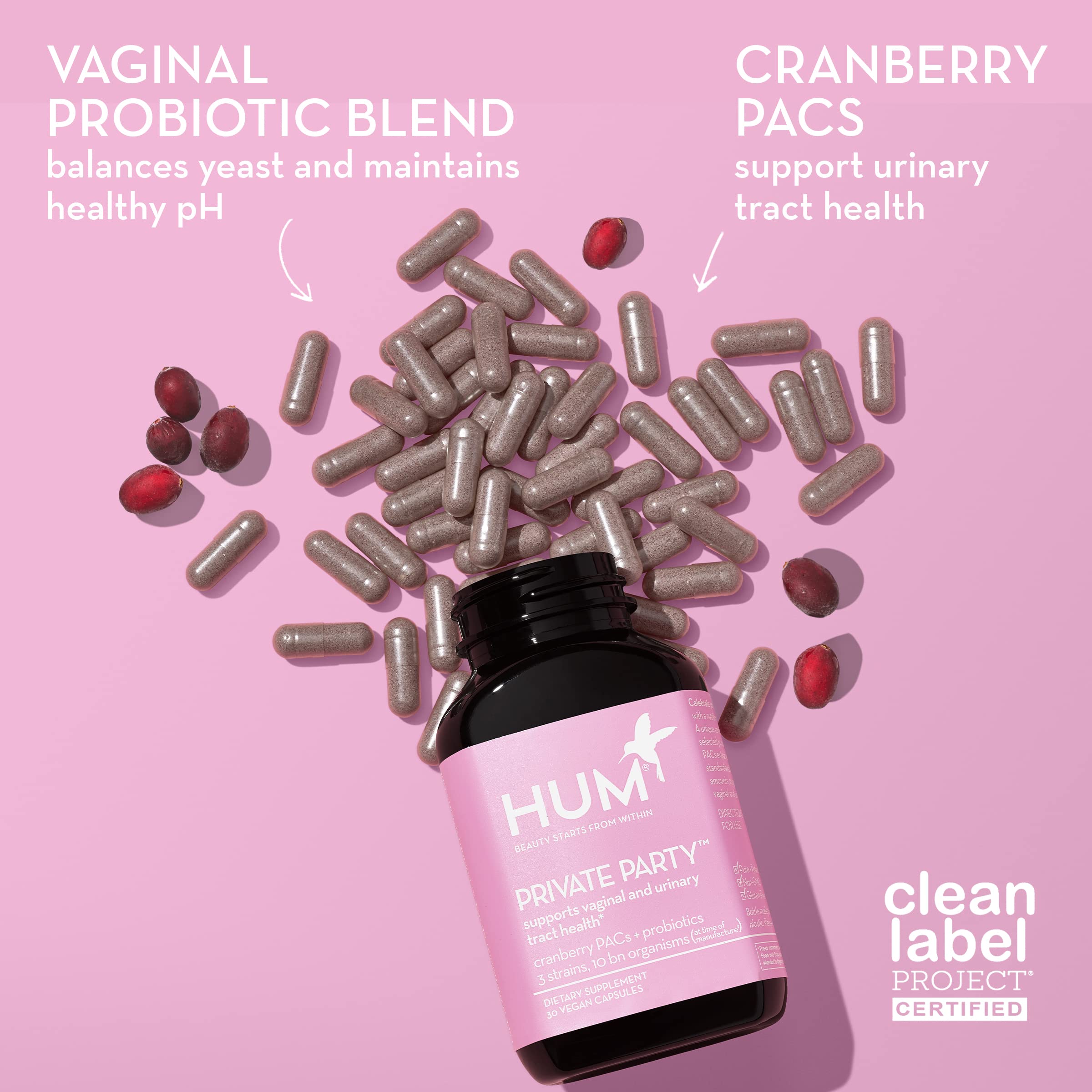 HUM Private Party capsules closeup showing Lactobacillus blend for daily balance.