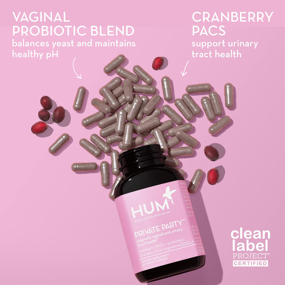 HUM Private Party capsules closeup showing Lactobacillus blend for daily balance.