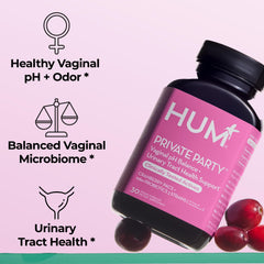 HUM Private Party capsules closeup showcasing cranberry and lactobacillus blend.