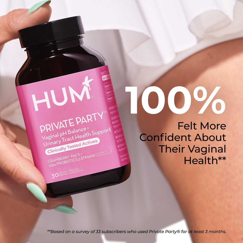 HUM Private Party cranberry extract illustration emphasizing urinary wellness support.