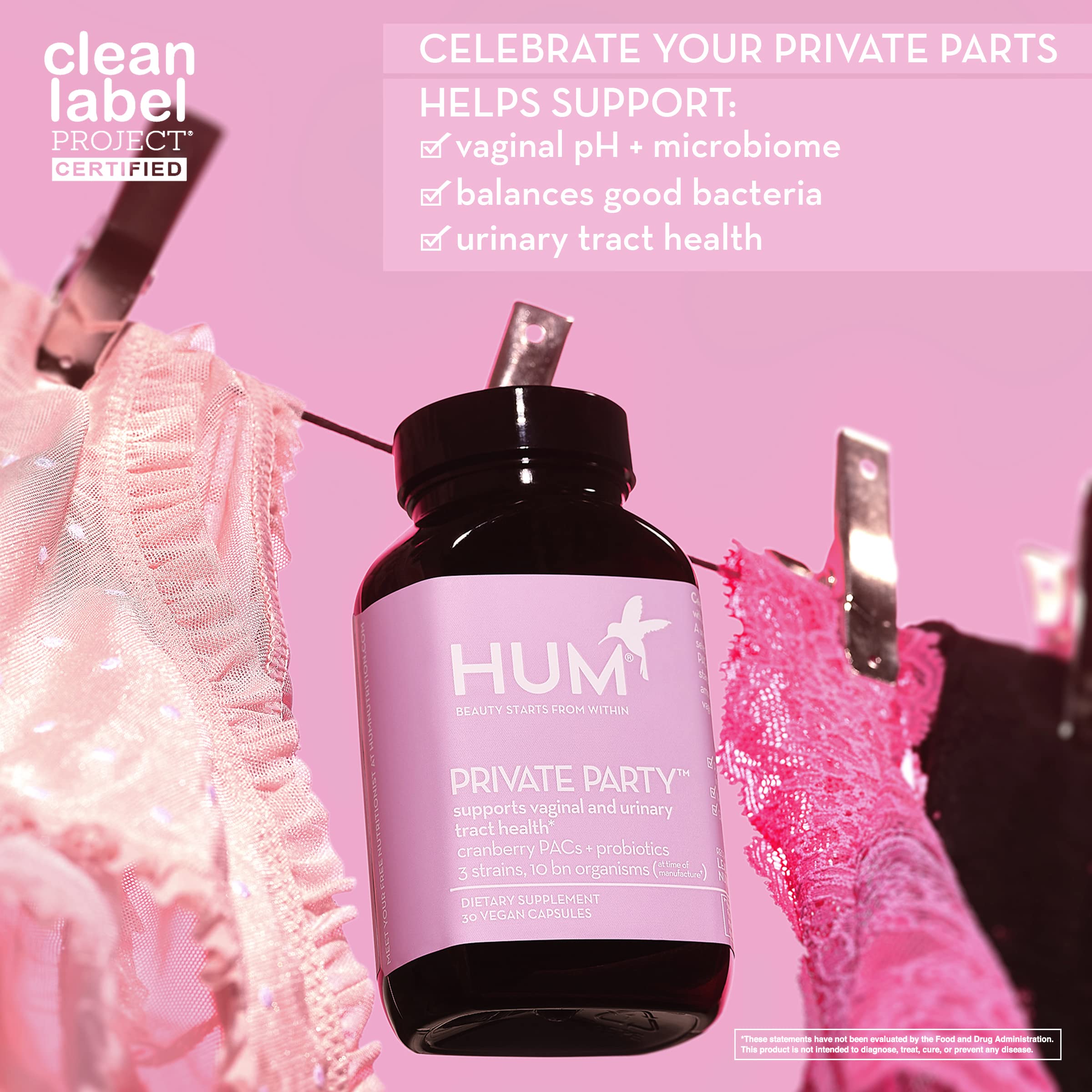HUM Private Party cranberry PACs highlight urinary support with probiotics.