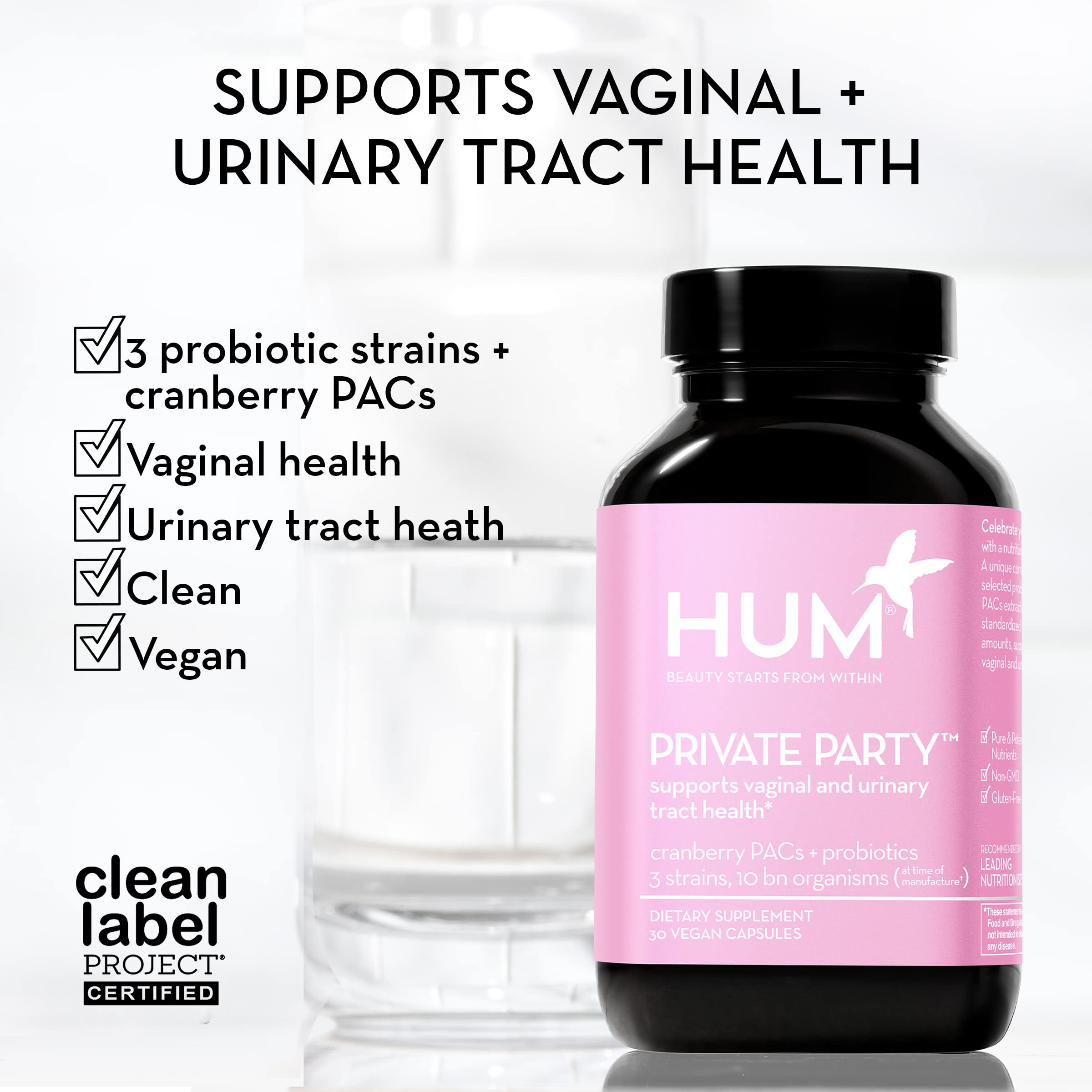 HUM Private Party label closeup showcasing clean, non-GMO formula.