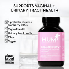 HUM Private Party label closeup showcasing clean, non-GMO formula.