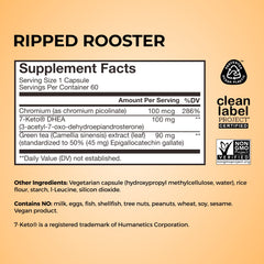 Gluten-free vegan label on HUM Ripped Rooster bottle for wellness-conscious shoppers.