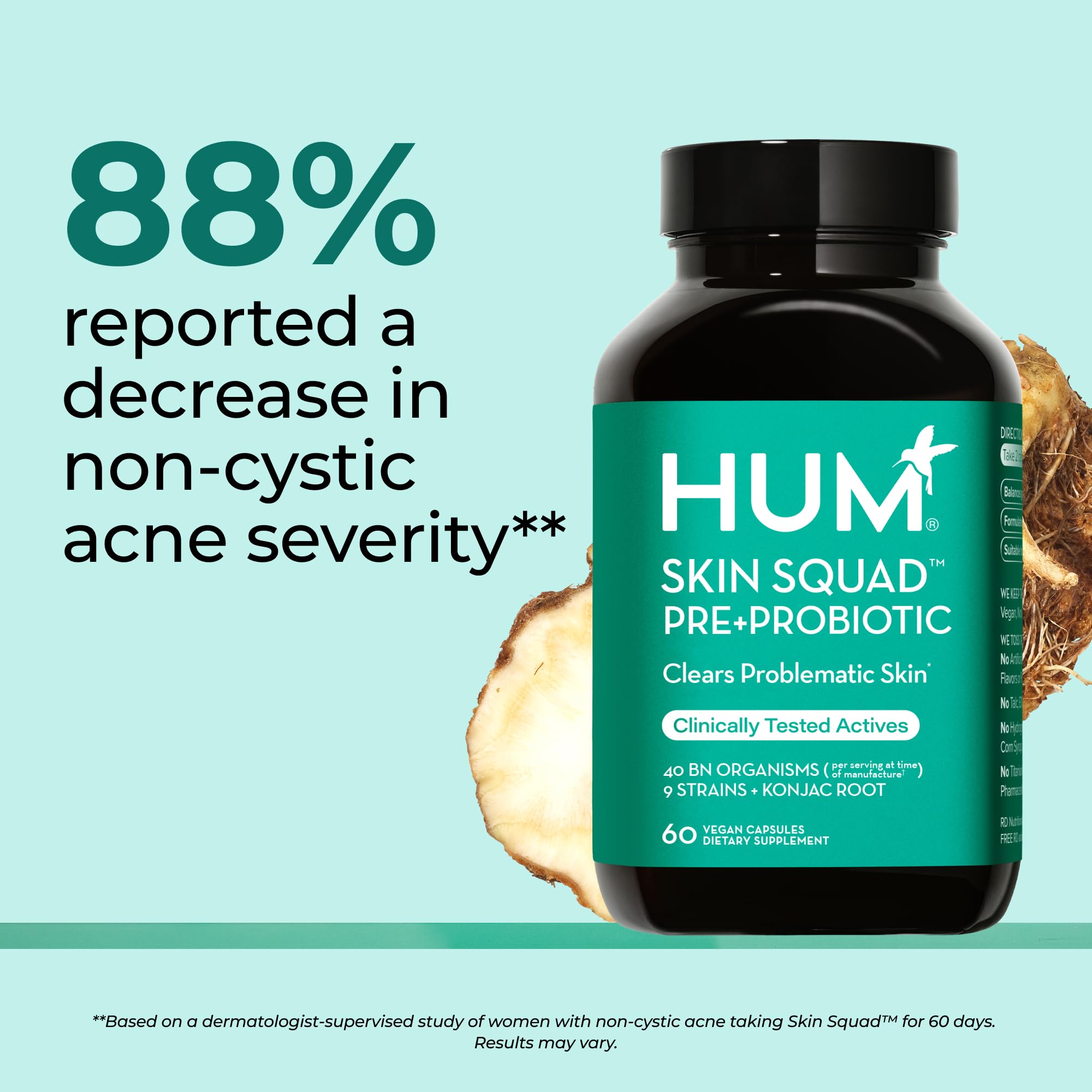 HUM Skin Squad blend highlights prebiotic and probiotic power.