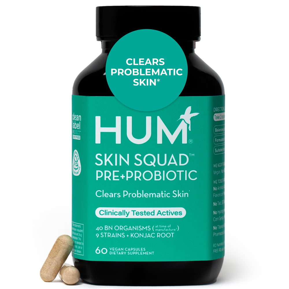 HUM Skin Squad Probiotics bottle promotes gut balance and clear skin.