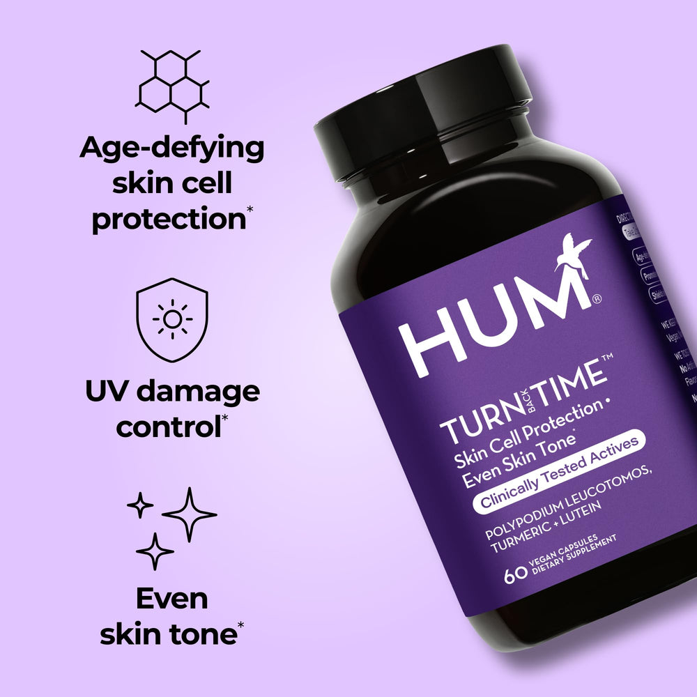 HUM Turn Back Time green tea extract capsules; daily skin defense potential.