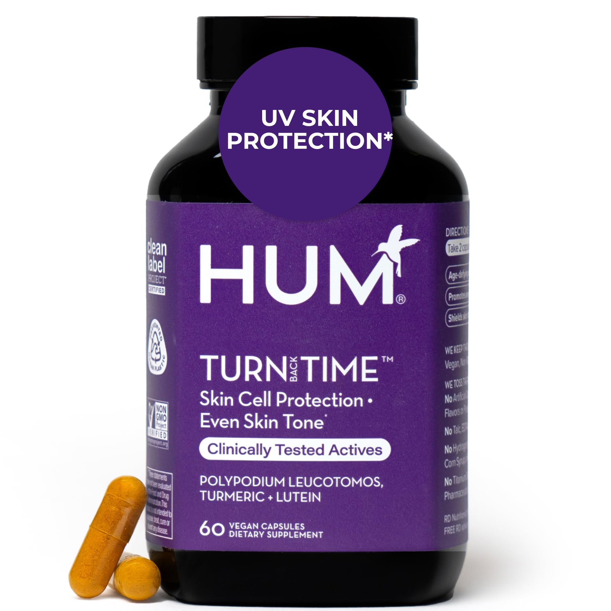 HUM Turn Back Time turmeric bottle; supports daily skin vitality and tone.