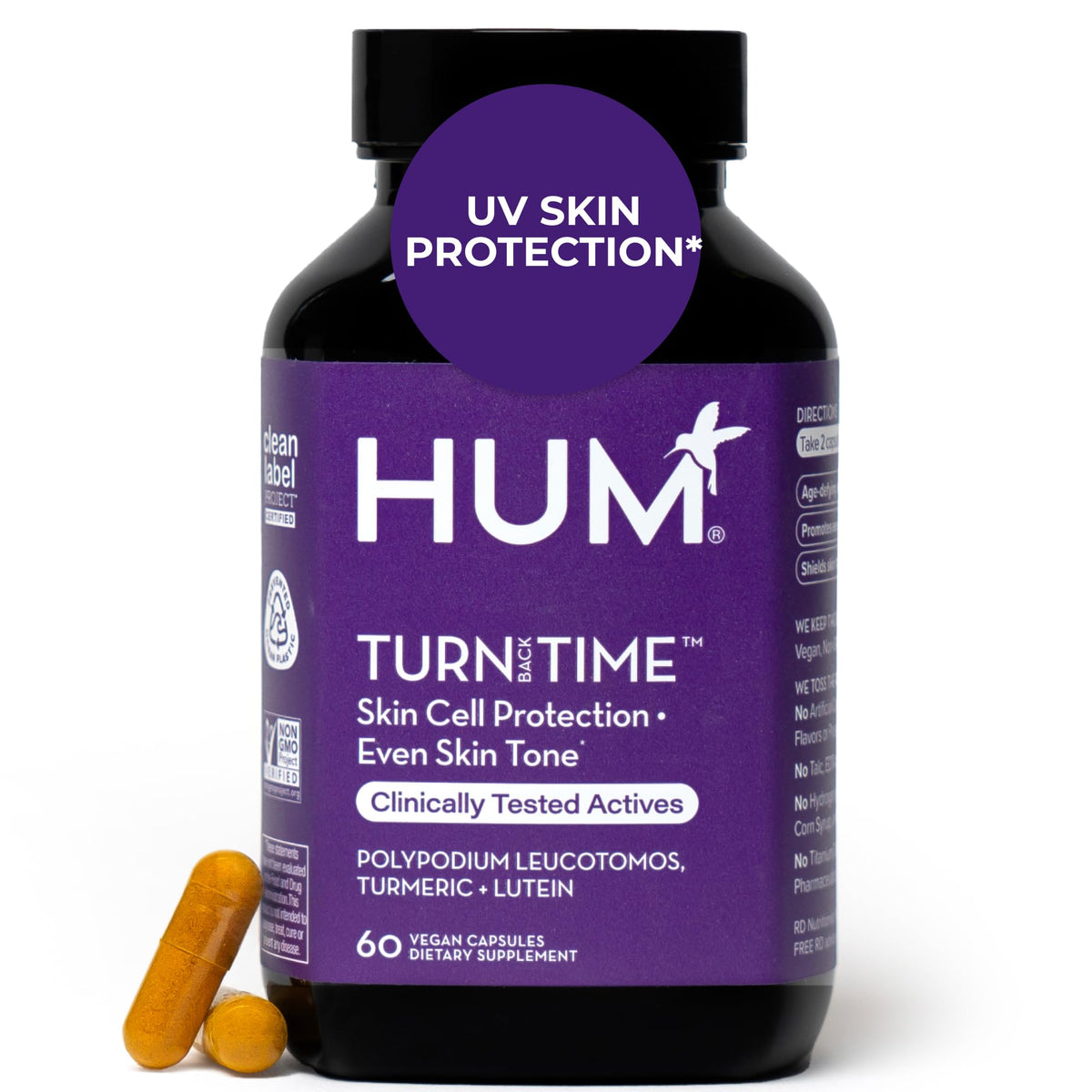 HUM Turn Back Time turmeric bottle; supports daily skin vitality and tone.