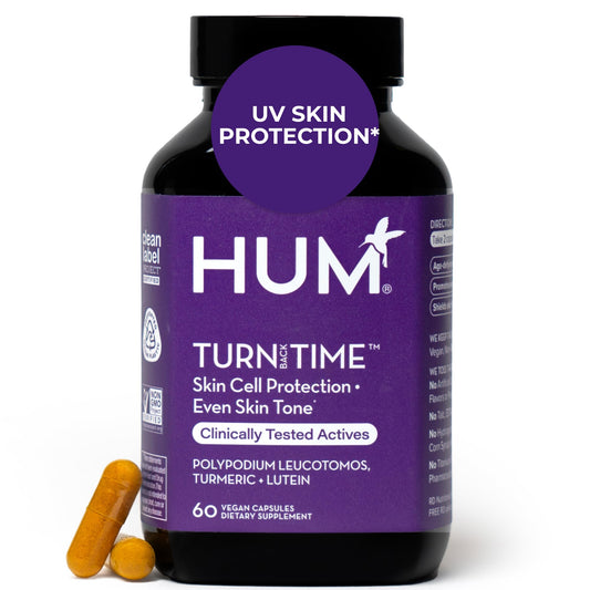 HUM Turn Back Time turmeric bottle; supports daily skin vitality and tone.