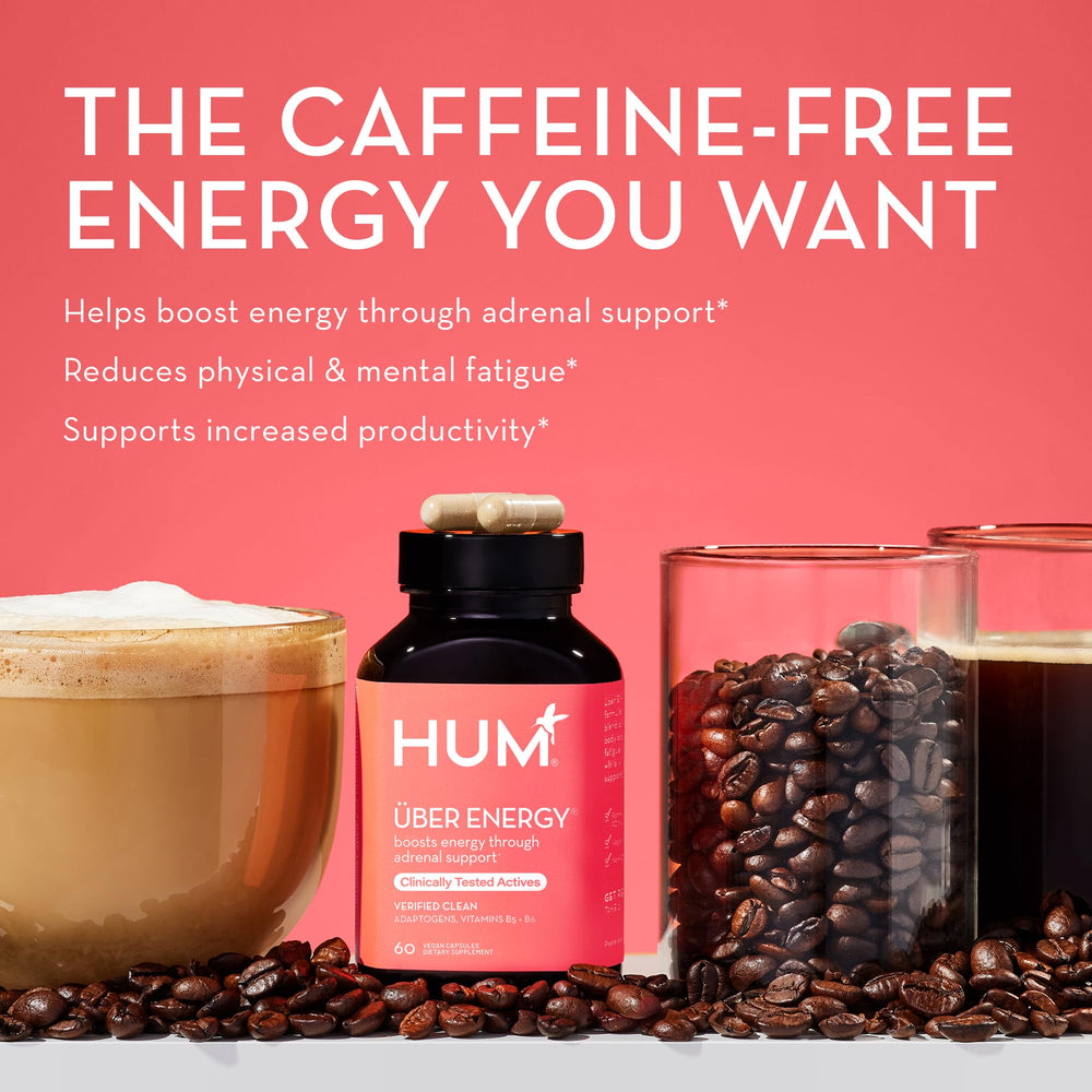HUM Uber Energy ashwagandha root visual emphasizes balance and resilience.