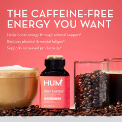 HUM Uber Energy ashwagandha root visual emphasizes balance and resilience.