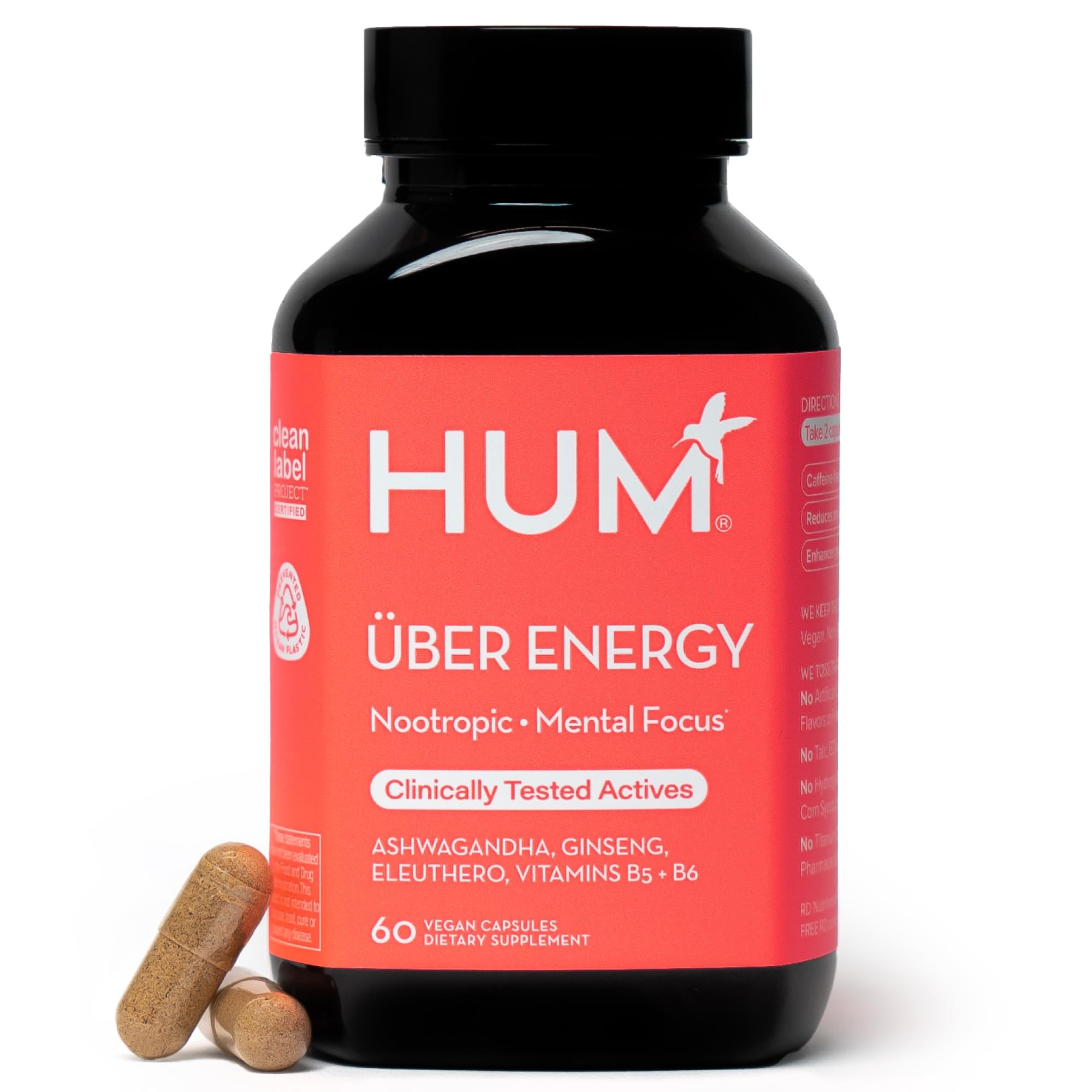 HUM Uber Energy capsules closeup highlighting vegan formula for daily energy support.