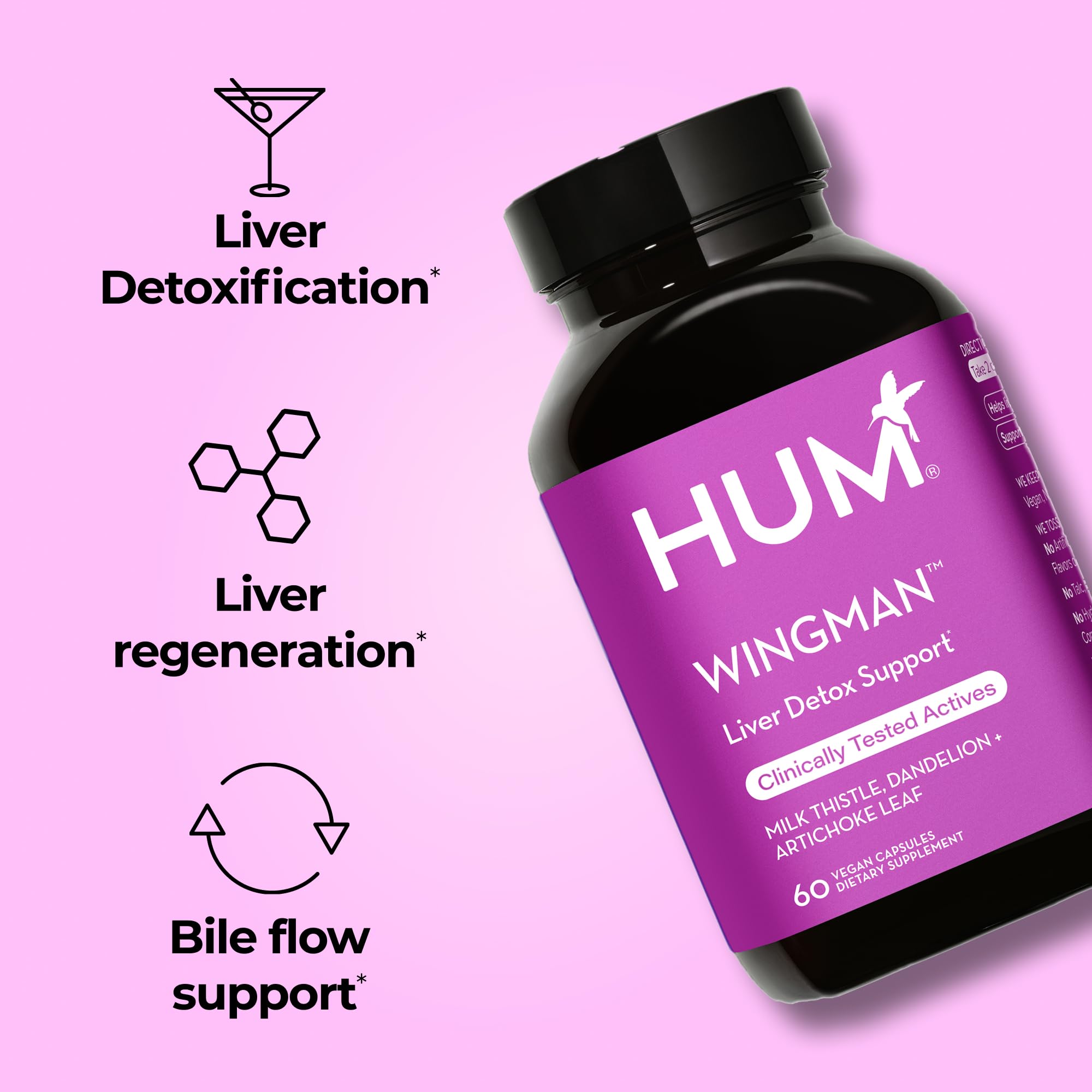 HUM Wing Man capsules close-up emphasizes plant-based ingredients for easy daily intake.