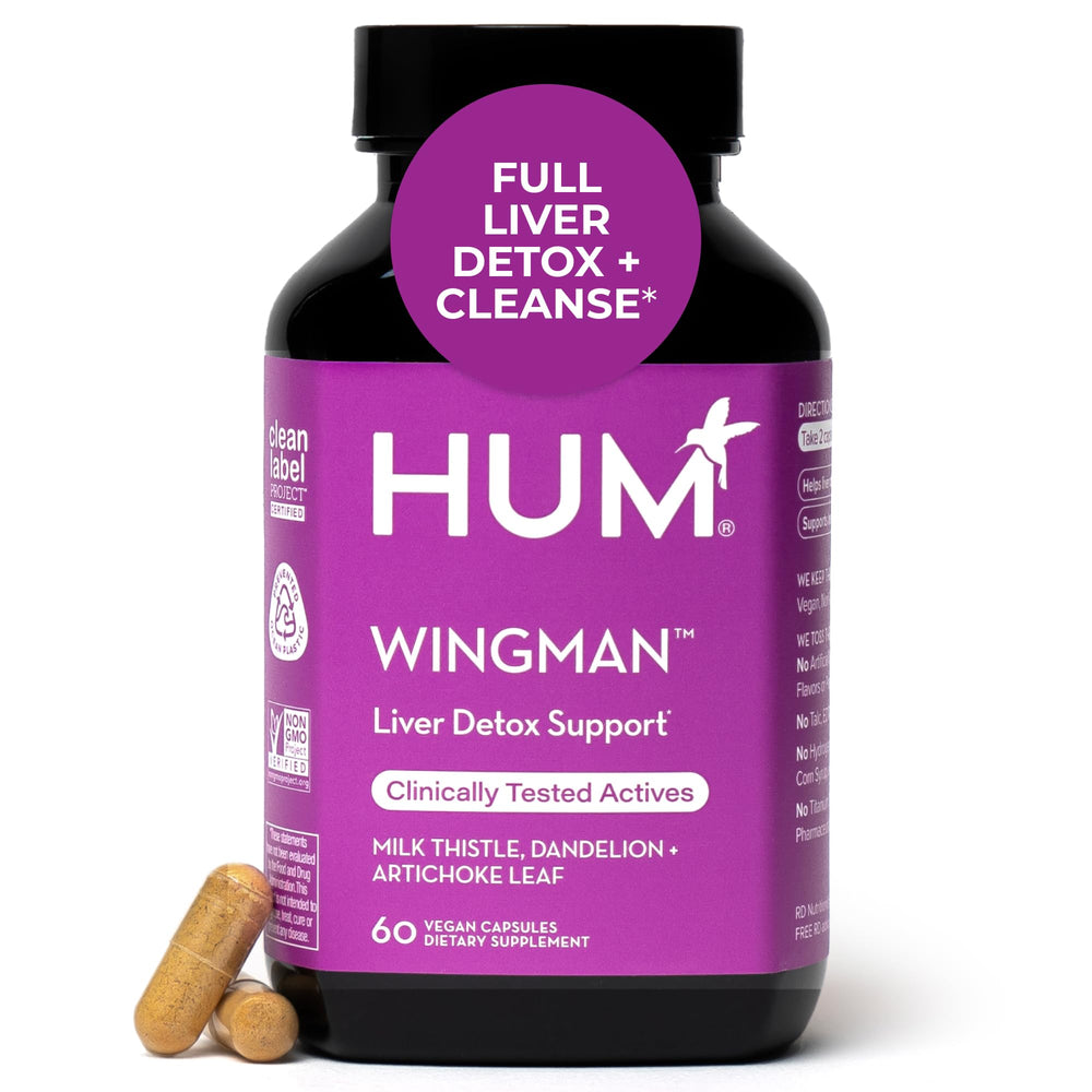 HUM Wing Man liver support bottle highlights a clean-label formula for daily wellness.