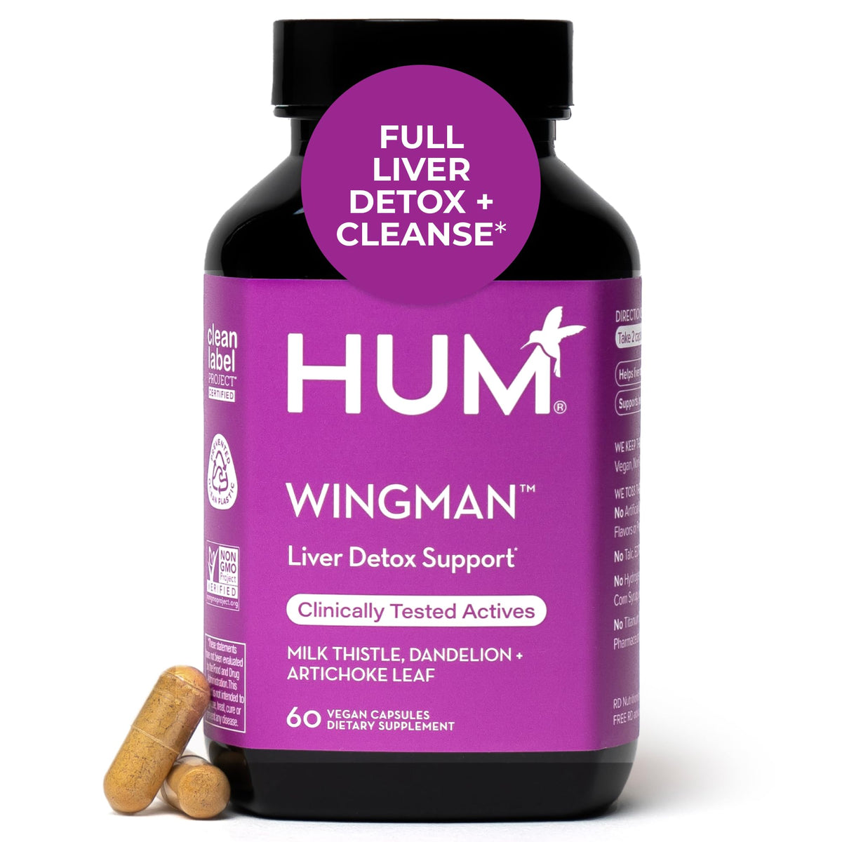 HUM Wing Man liver support bottle highlights a clean-label formula for daily wellness.