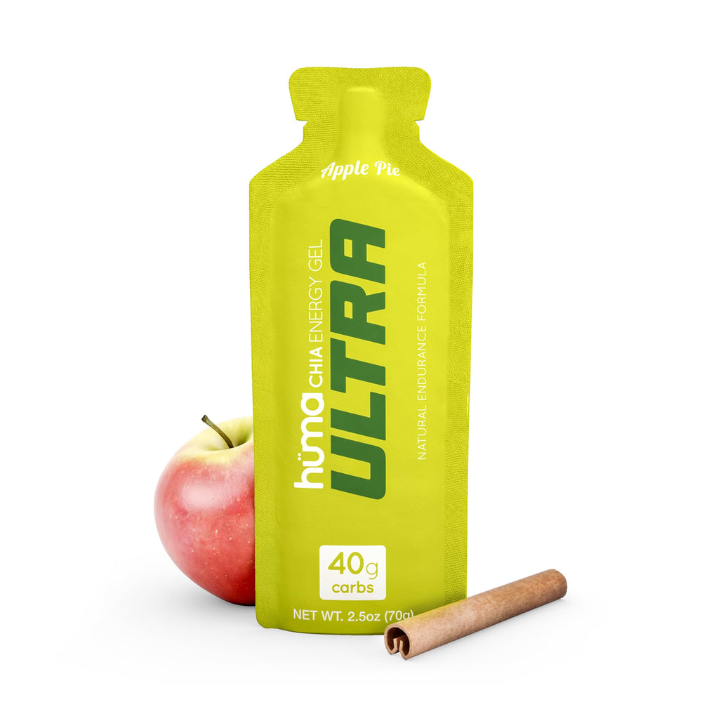 HÜMA Chia Energy Gel Apple Pie bottle for long runs.