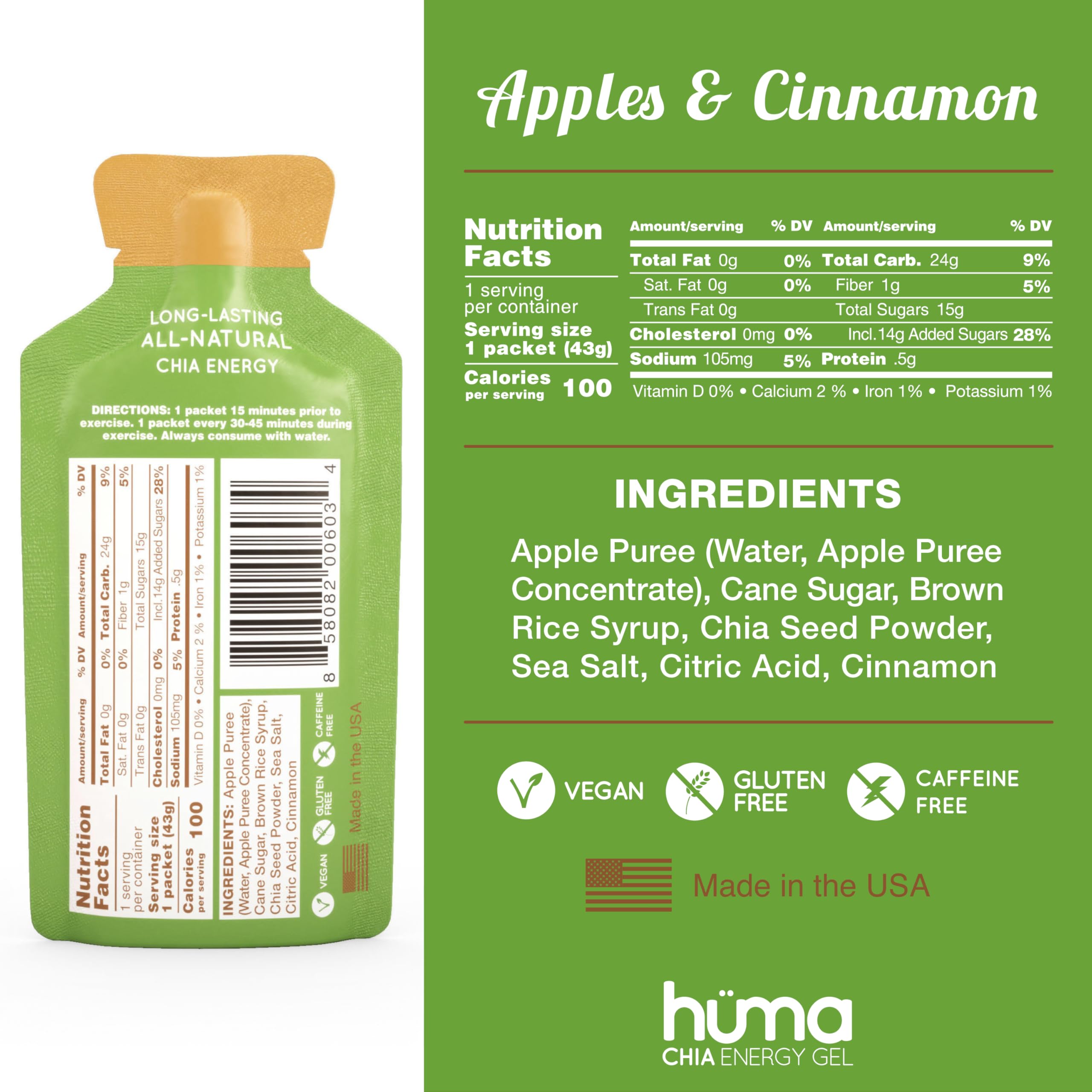 HÜMA CHIA ENERGY GEL tube close-up highlighting natural fruit puree benefits.
