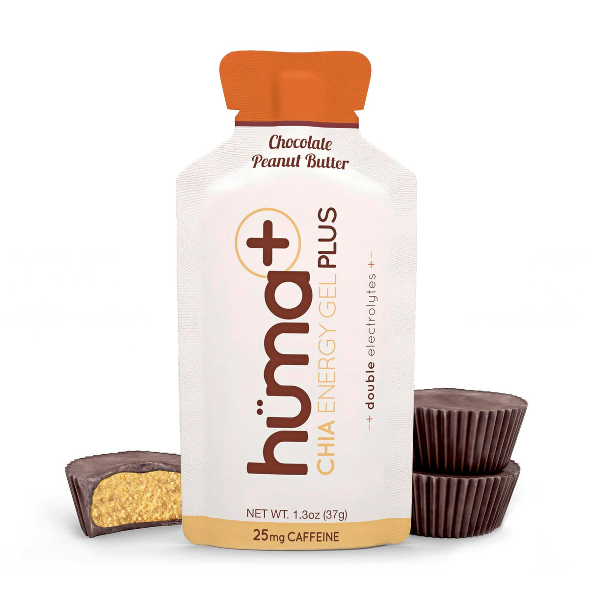 Huma Chia Energy Gel Chocolate Peanut Butter pack shown for long-lasting real-food energy.
