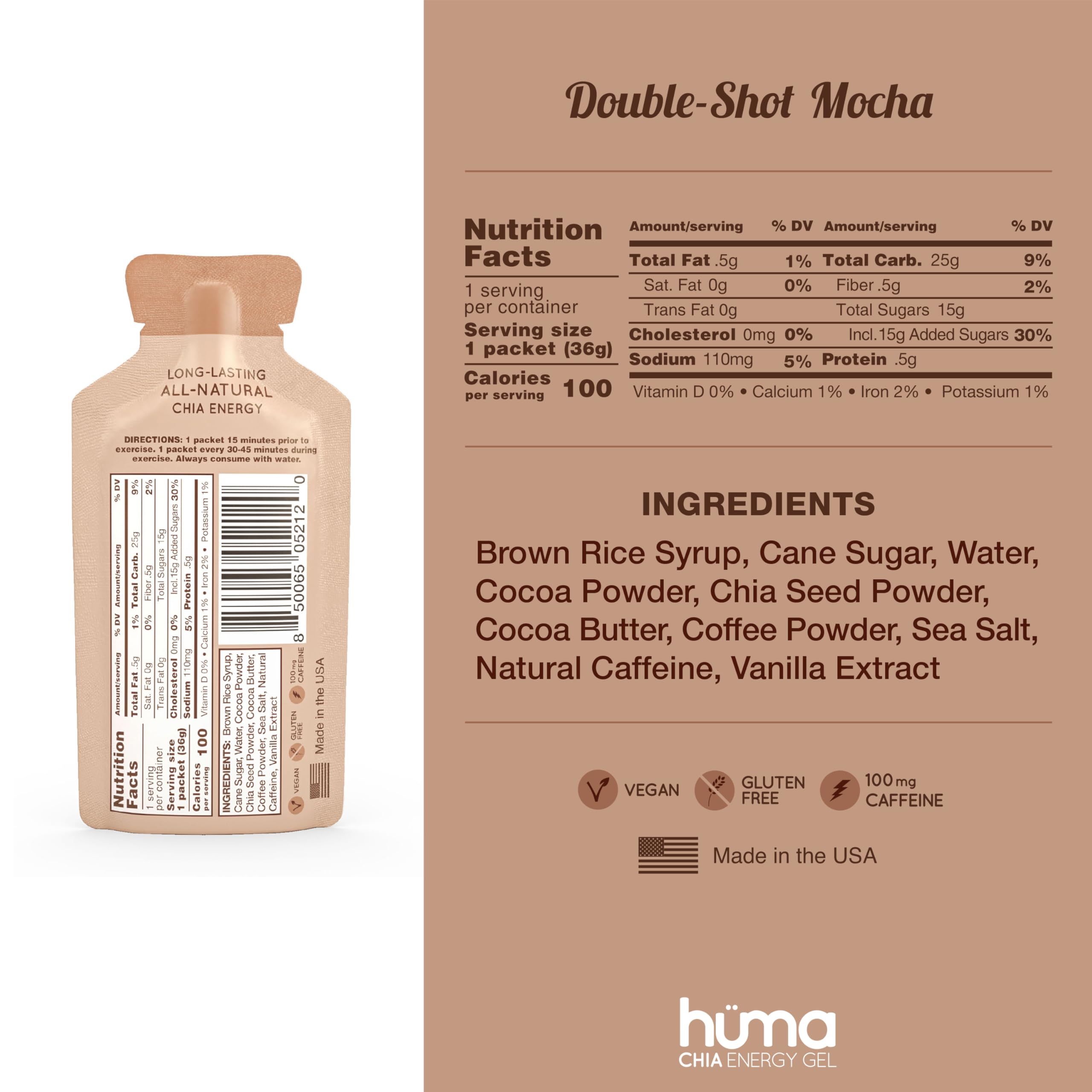 HÜMA Chia Energy Gel doubleshot mocha packet closeup highlights natural ingredients.
