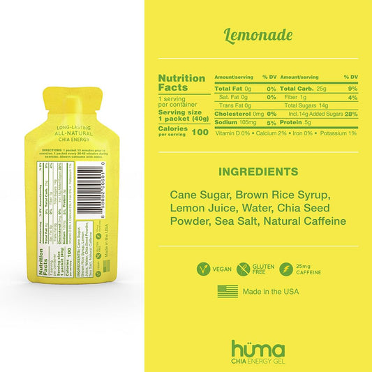 HÜMA Chia Energy Gel Lemonade bottle close-up with natural ingredients.