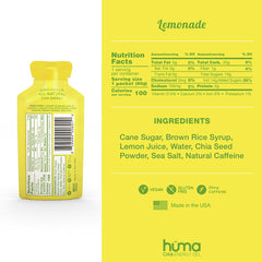 HÜMA Chia Energy Gel Lemonade bottle close-up with natural ingredients.