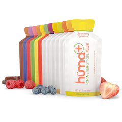 Huma Chia Energy Gel original and Plus lineup showing real-food endurance fueling.
