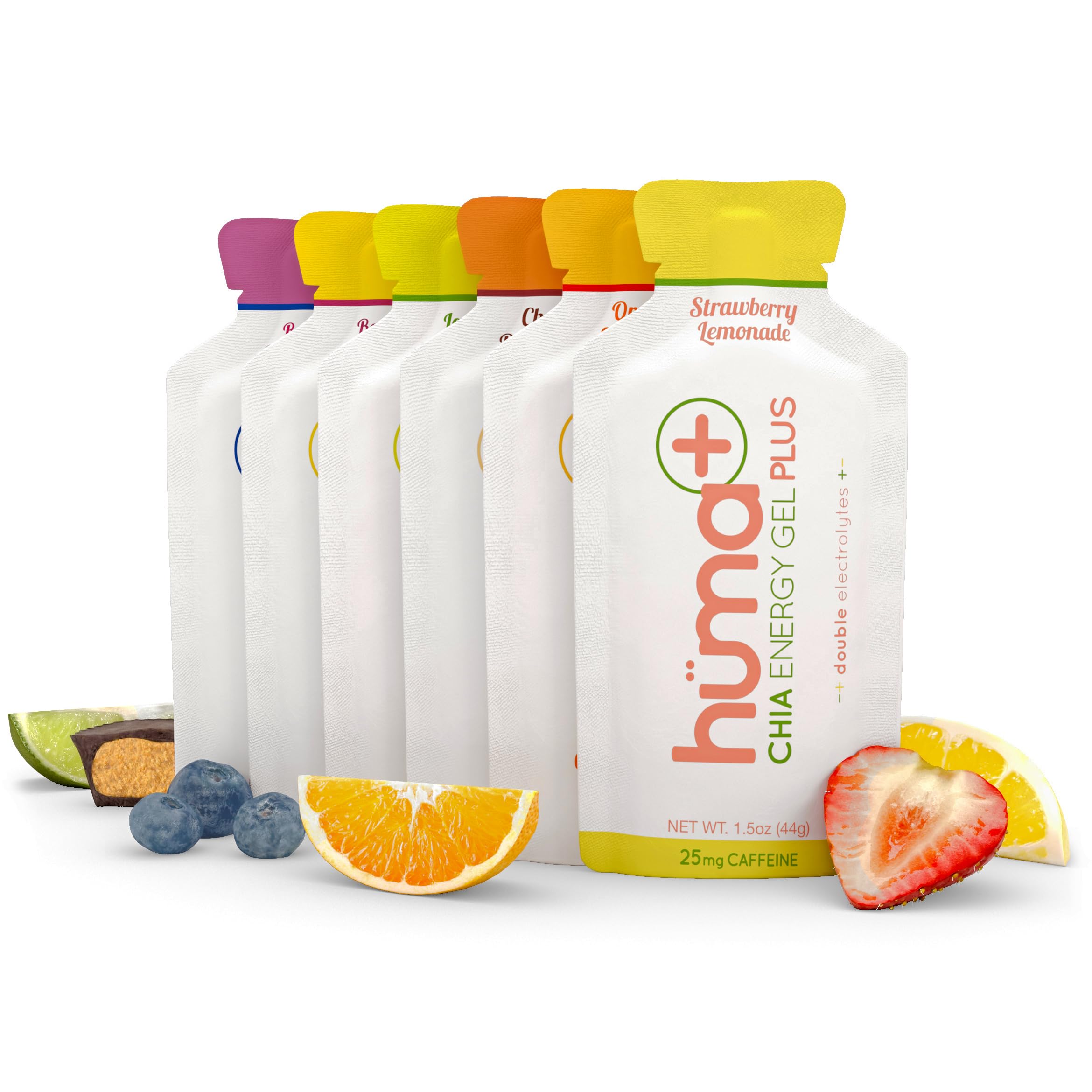 HÜMA CHIA ENERGY GEL Huma Plus pack front showing double electrolytes for sustained energy.