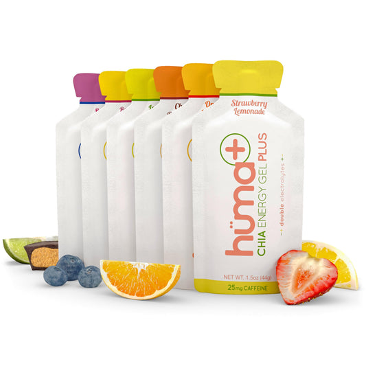 HÜMA CHIA ENERGY GEL Huma Plus pack front showing double electrolytes for sustained energy.