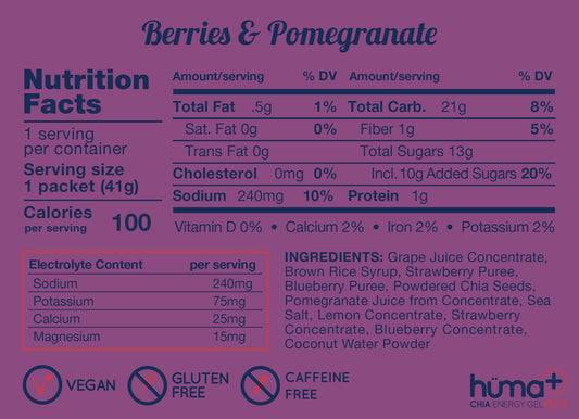 HÜMA CHIA ENERGY GEL berry-pomegranate fruit purée close-up highlighting real food ingredients.