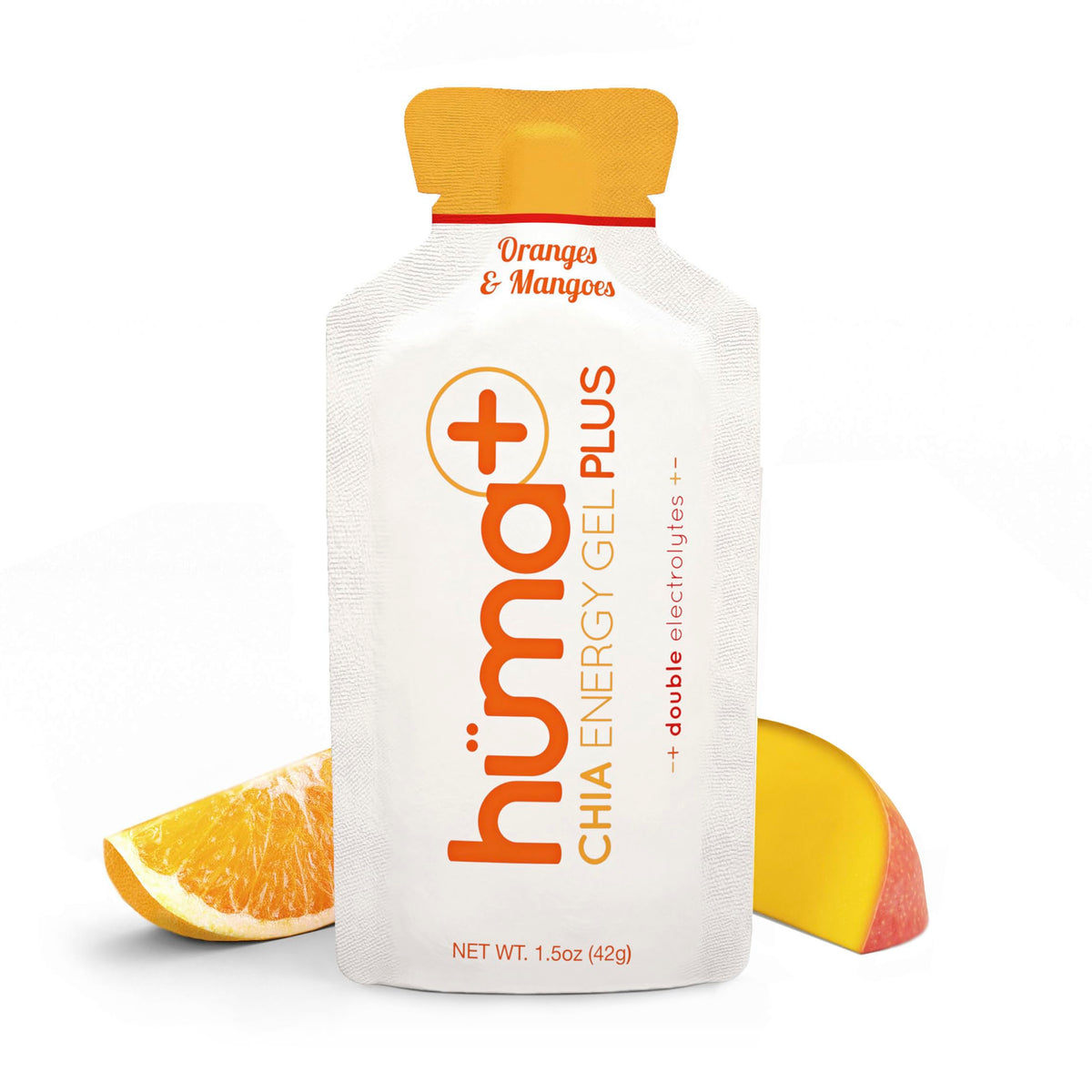 HÜMA CHIA ENERGY GEL Plus Orange Mango packaging showcases real-food energy in action.