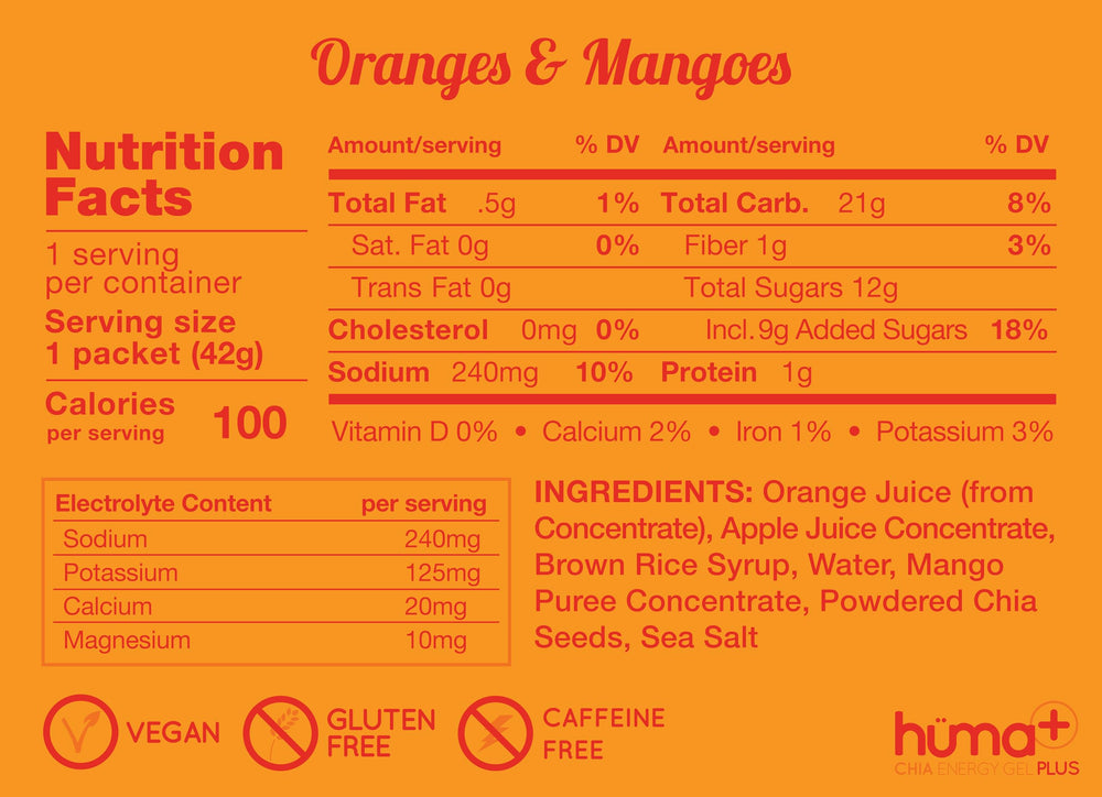 Close-up of the orange mango gel tube with chia seeds and fruit puree.