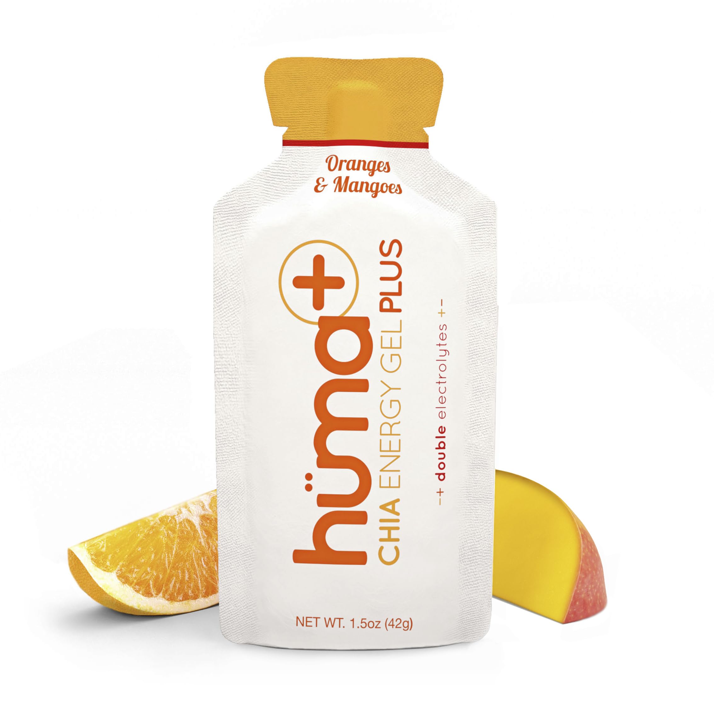 Huma Plus orange mango gel pack delivers natural electrolytes for steady energy.