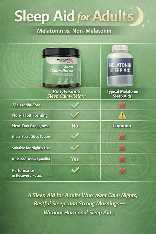 BodyFusionX bottle featuring Ashwagandha KSM-66 for evening stress support.