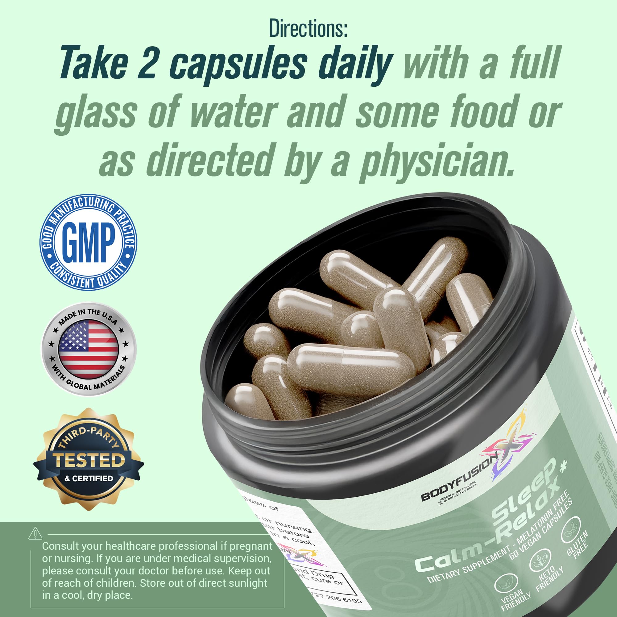 BodyFusionX label shows melatonin-free formula for non-pharmacological rest.