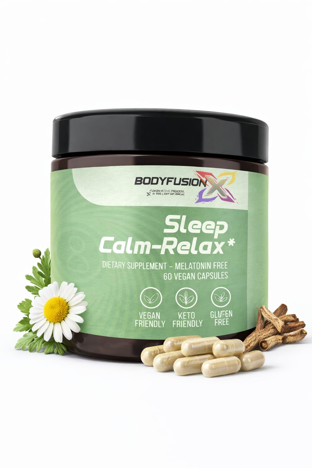 Human Boost BodyFusionX sleep capsules on a nightstand for restful nights.
