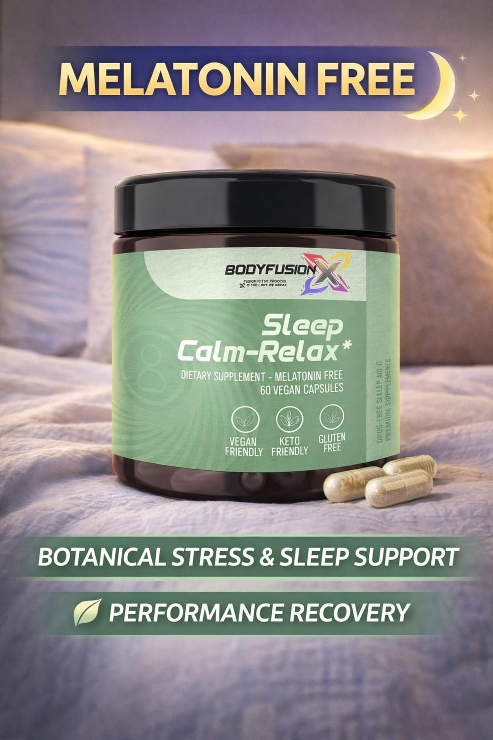 Vegan, non-GMO BodyFusionX packaging emphasizes clean nightly use.