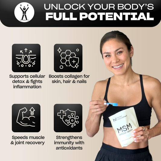 Human Improvement MSM powder packaging close-up; pure sulfur for joint comfort.