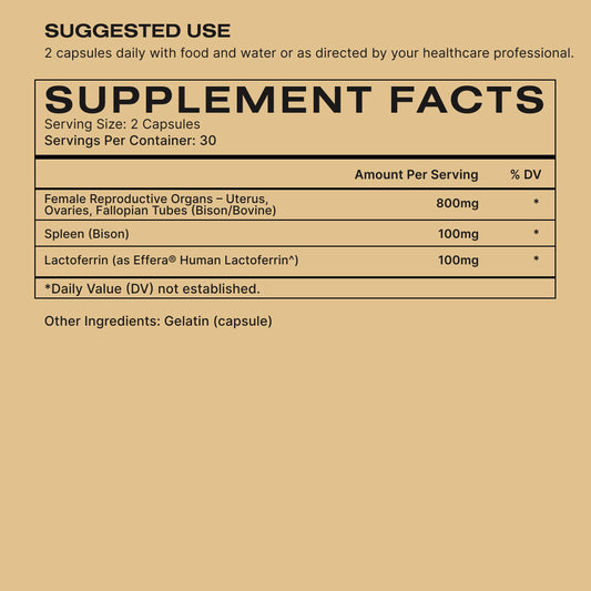 HUMAN NATURE Vital Woman bottle back with dosage notes and energy ideas.