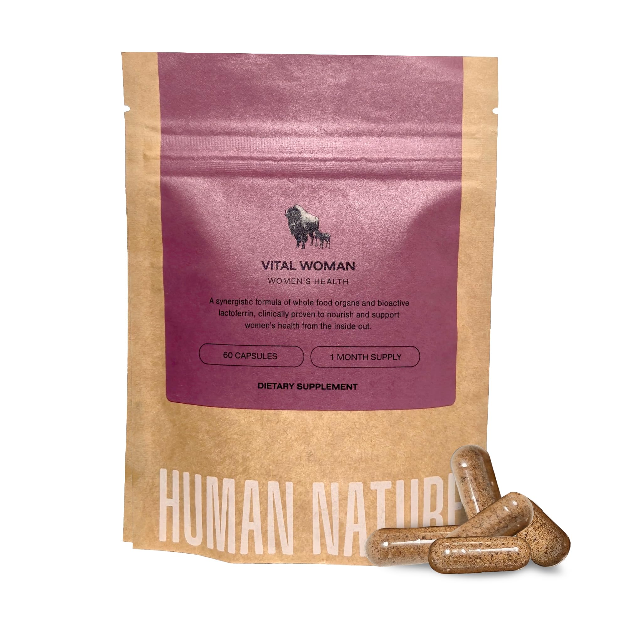 HUMAN NATURE Vital Woman bottle front shows packaging for daily vitality.
