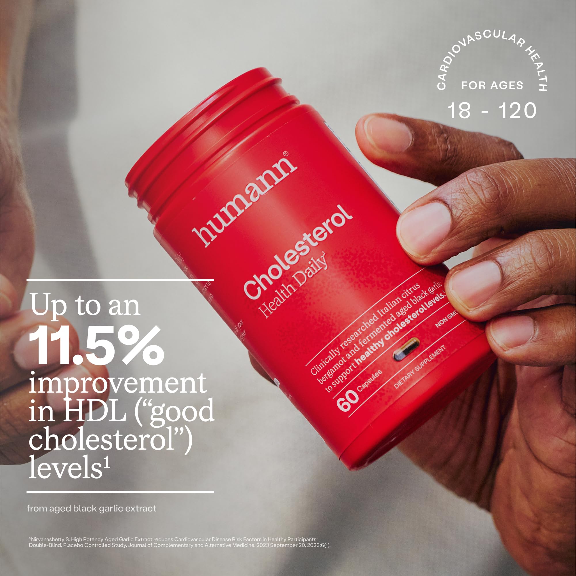 Humann Cholesterol aged black garlic image emphasizes sulfur compounds for triglyceride balance.