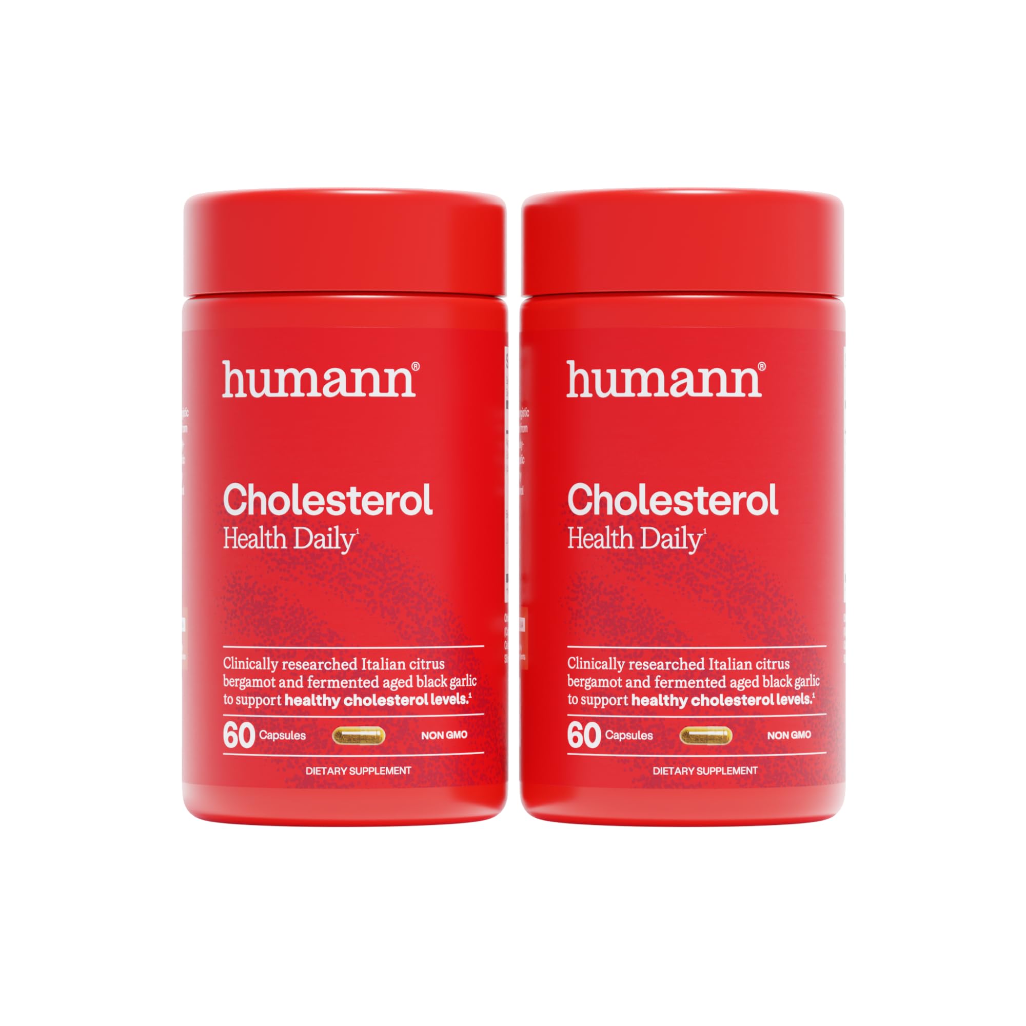 Humann Cholesterol Health Daily bottle shows clear packaging for easy lipid support.